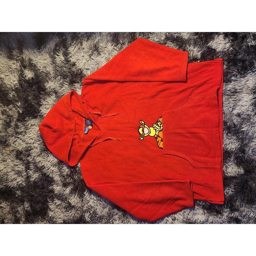 Vintage Pooh Tigger Disney V neck Hooded Fleece Sweatshirt Women's XL Red Fuzzy